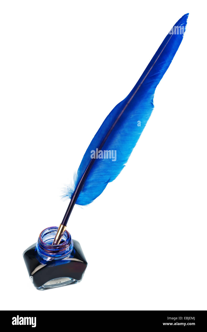 blauen Stift mit einer Flasche Tinte auf weißem Hintergrund Stockfoto