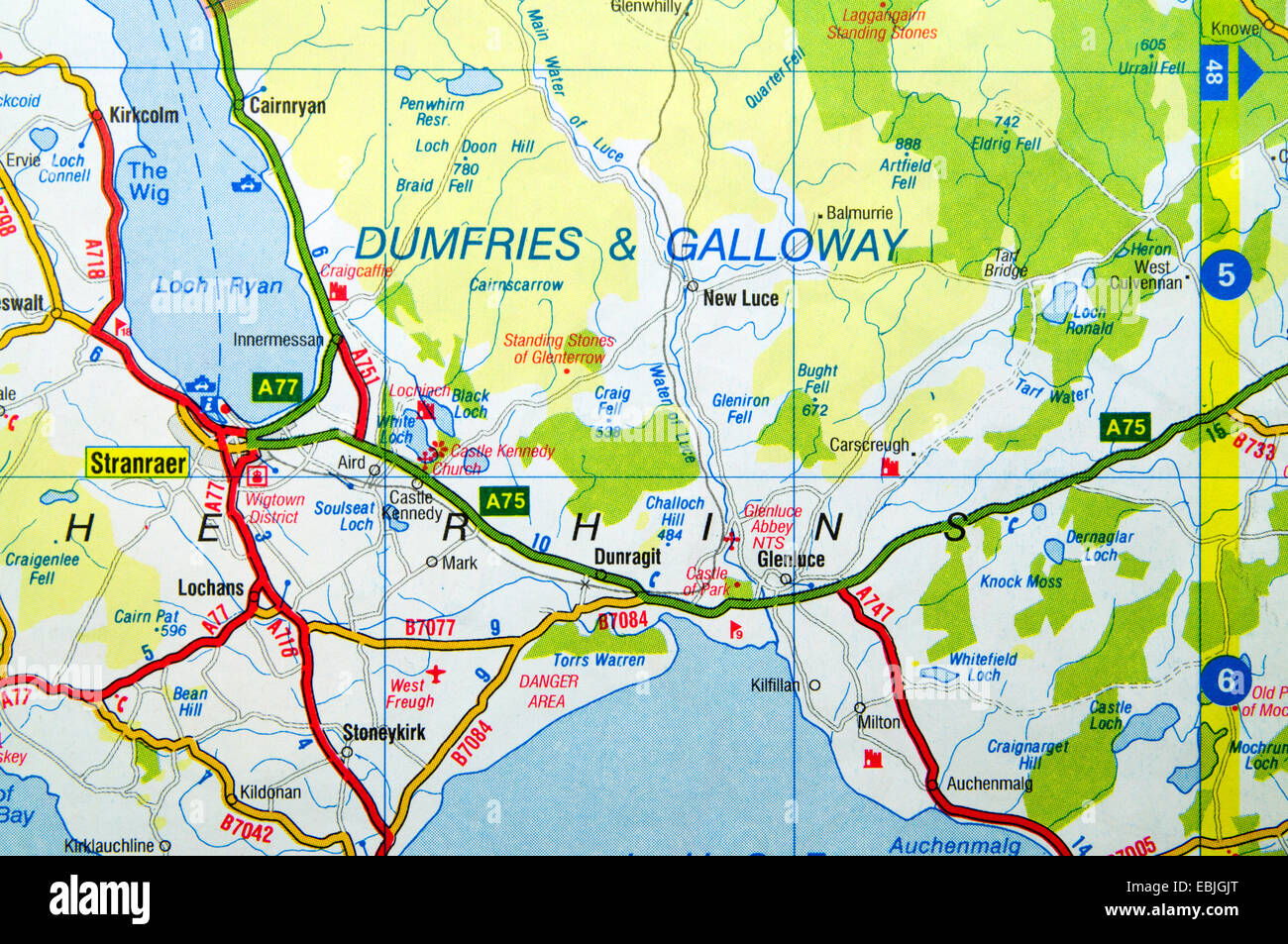 Straßenkarte von Dumfries and Galloway, Schottland. Stockfoto