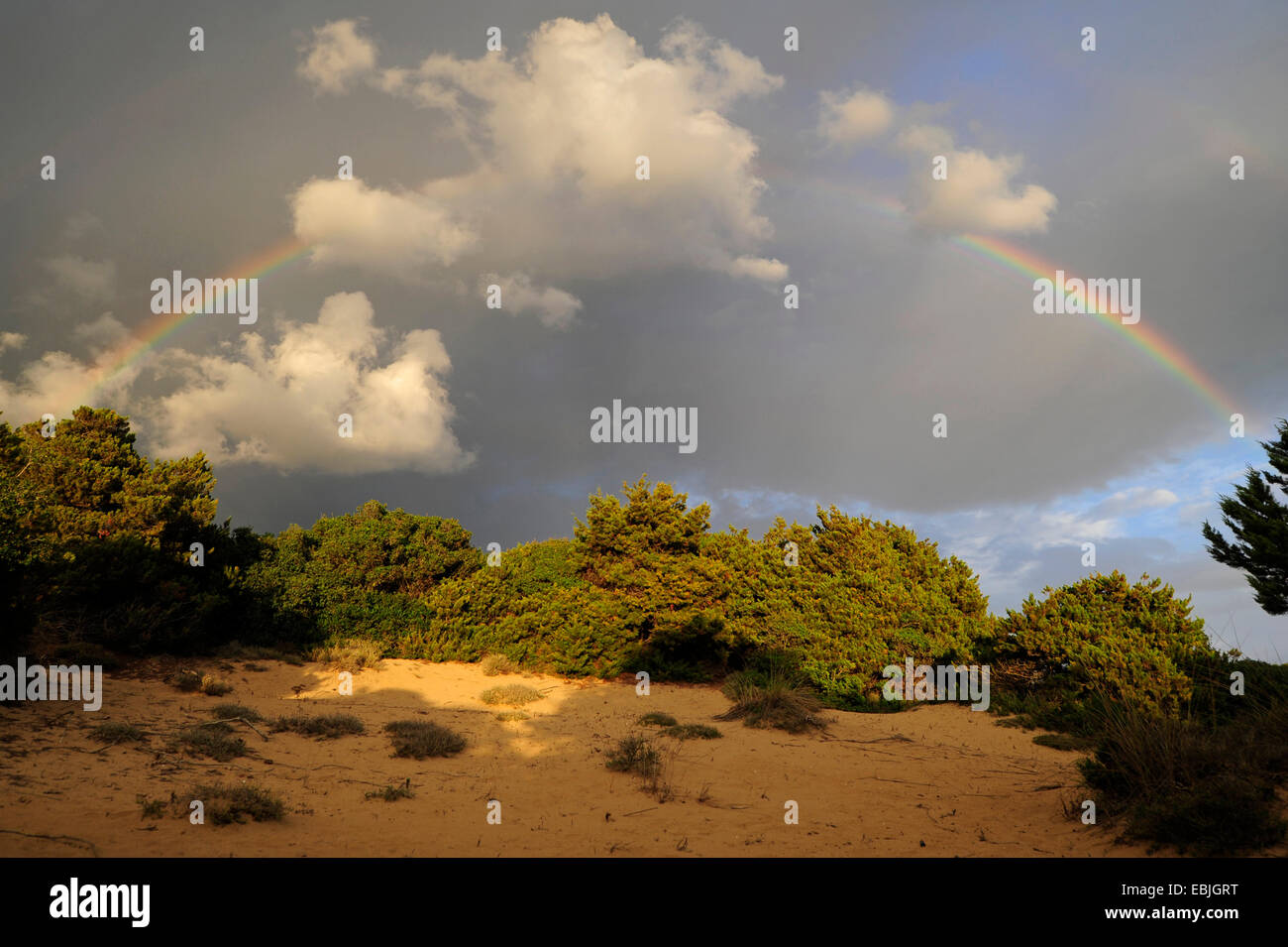 Regenbogen über den Dünen bei West Peloponnes, Griechenland, Peloponnes, Messenien Stockfoto