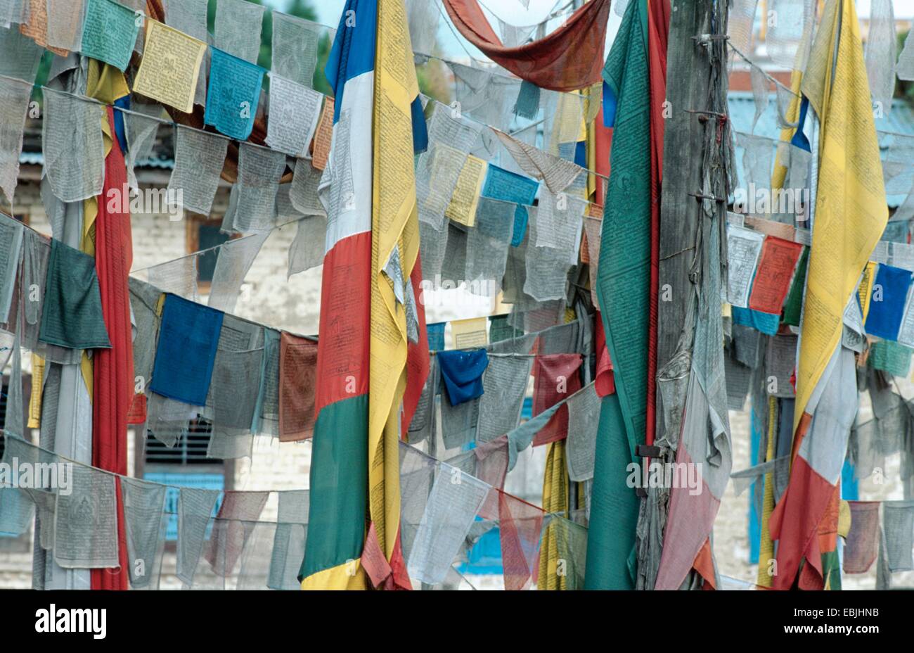 Collage aus bunten buddistic Gebetsfahnen, Nepal Stockfoto