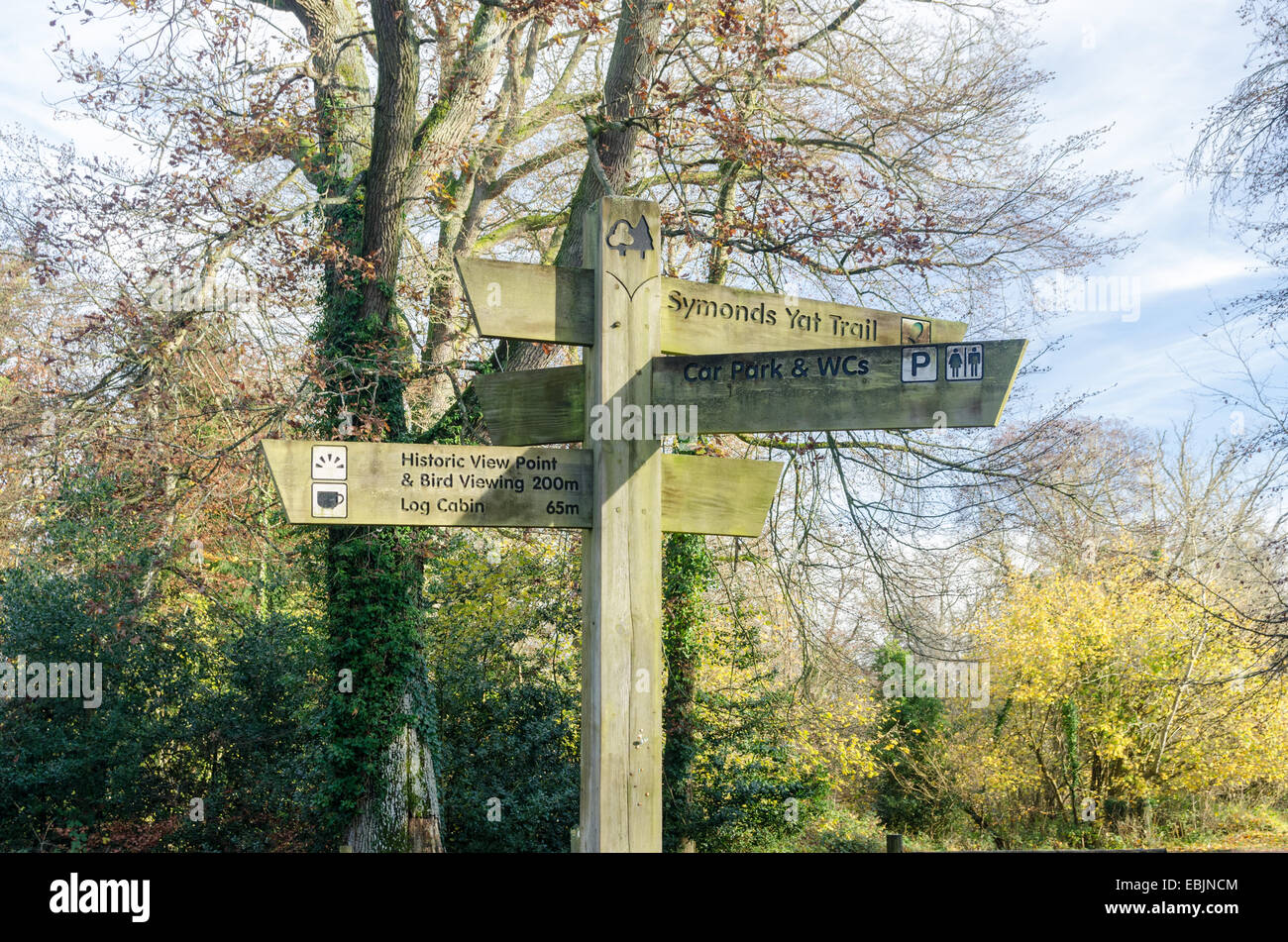 Wegweiser aus Holz für den Symonds Yat Trail, historische Betrachtung Punkt und Vogel anzeigen Stockfoto