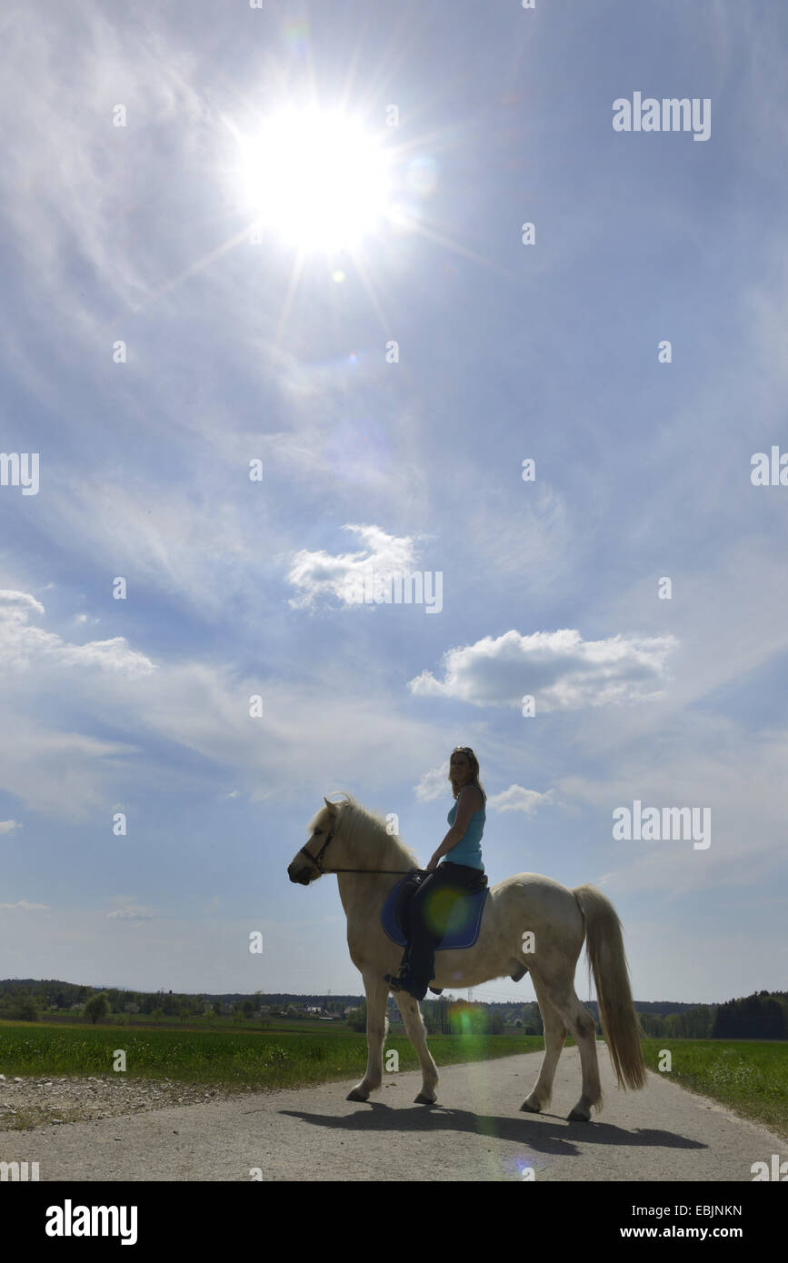 Isländisches Pferd, Islandpferd, Island Pony (Equus Przewalskii F. Caballus), junge Mädchen reiten durch eine Landschaft von Wäldern und Wiesen auf ein Pony, Deutschland, Bayern, Oberpfalz Stockfoto