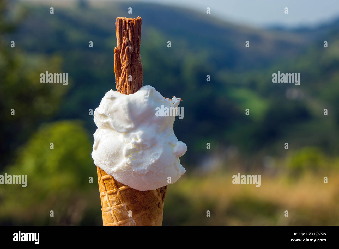 '99' Eis Eis mit Schokolade Flake, vor grünen Landschaft, Sommer Stockfoto