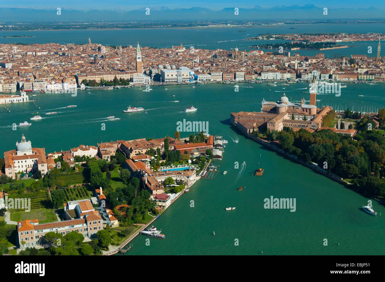 Luftaufnahme der Guidecca, San Giorgio Maggiore und Venedig, Italien, Europa Stockfoto