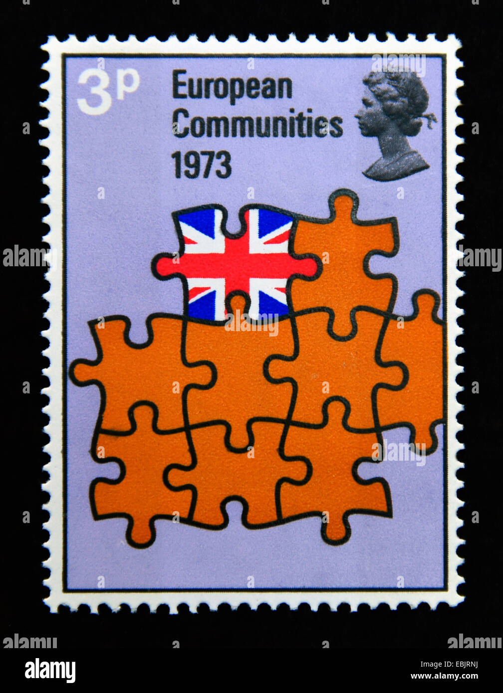 Briefmarke. Great Britain. Königin Elizabeth II. Europäischen Gemeinschaften Beitritt Großbritanniens. 1973. 3p. Stockfoto