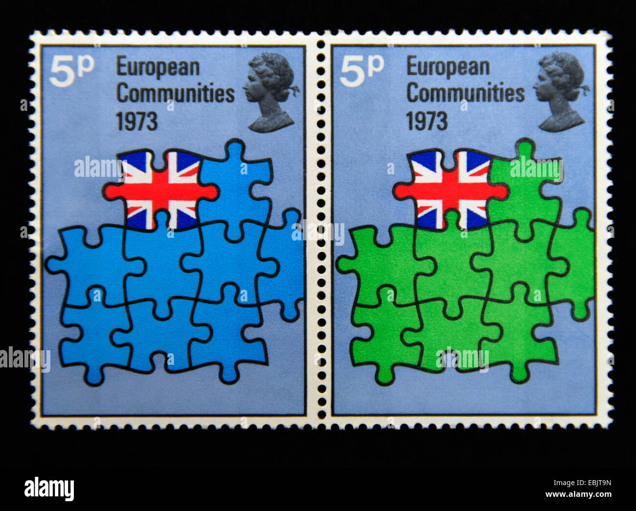 Briefmarken. Great Britain. Königin Elizabeth II. Europäischen Gemeinschaften Beitritt Großbritanniens. 1973. Zusammendrucke pair.5p. Stockfoto