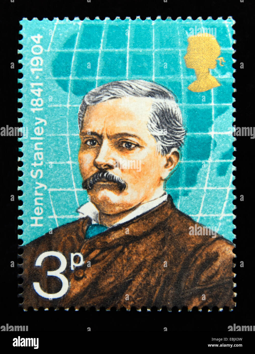 Briefmarke. Great Britain. Königin Elizabeth II. Britische Forscher. 1973 Henry Stanley 1841-1904. 3p. Stockfoto