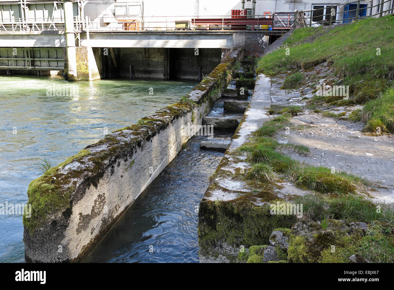 Fischtreppe für das Bestehen eines Wasserkraftwerks, Teufelsbruck, Inn, Bayern, Deutschland Stockfoto