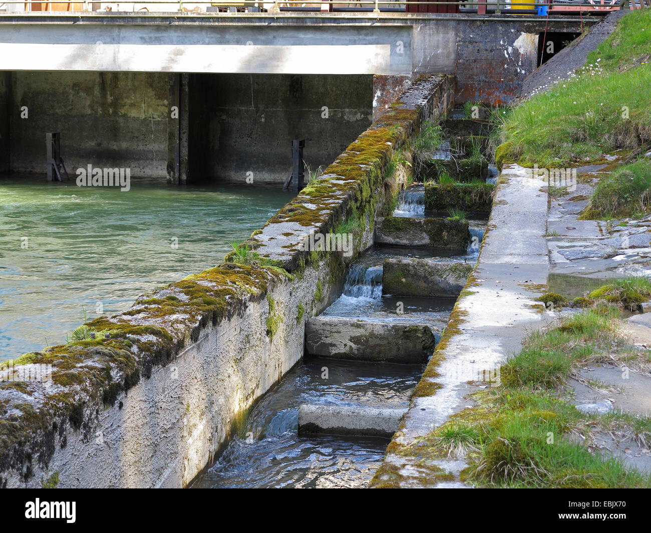 Fischtreppe für das Bestehen eines Wasserkraftwerks, Teufelsbruck, Inn, Bayern, Deutschland Stockfoto