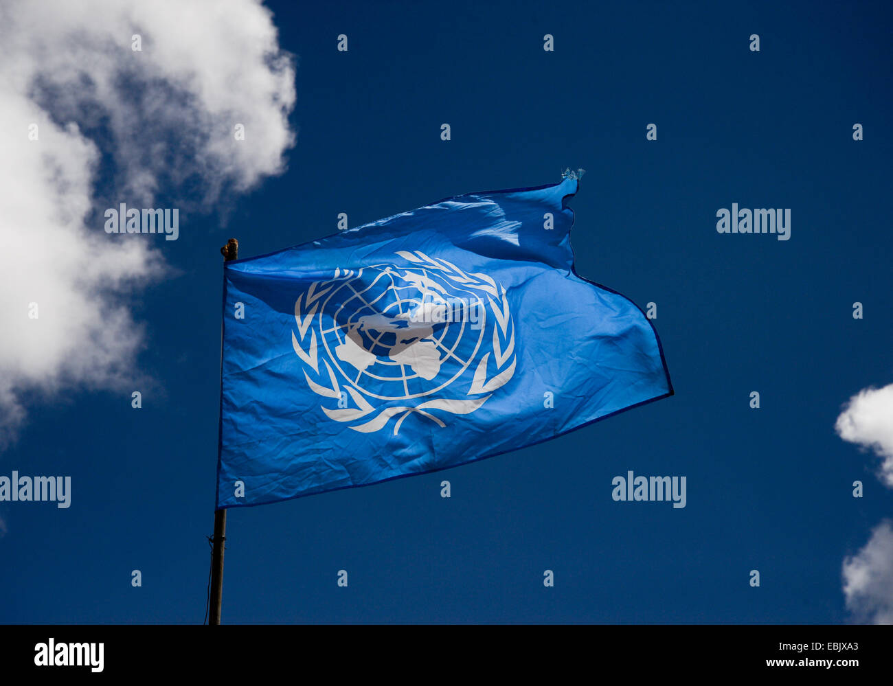 Die Flagge der Vereinten Nationen gegen einen dunkelblauen Himmel Stockfoto