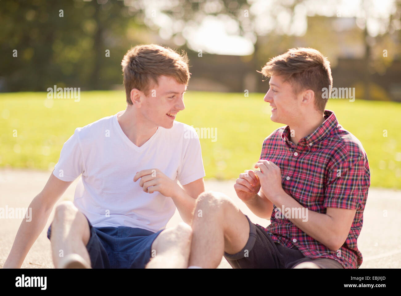 Zwei junge männliche Freunde chatten im park Stockfoto