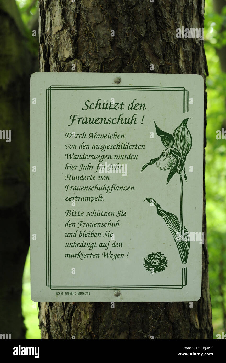 Frauenschuh Orchidee (Cypripedium Calceolus), Informationen zu unterzeichnen, in einem Wald mit Frauenschuh Orchideen und der Bitte, verwenden Sie die Pfade, Deutschland Stockfoto