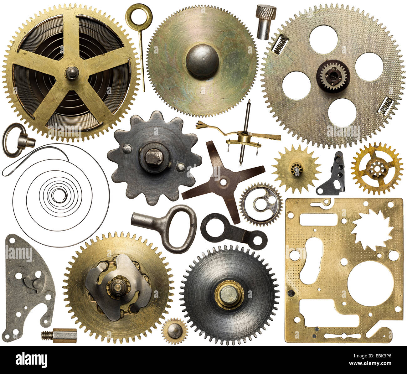 Ein Uhrwerk Ersatzteile. Metallgetriebe, Zahnräder und andere Details. Stockfoto