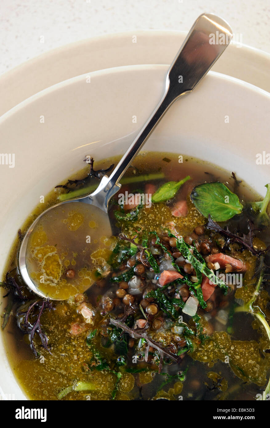 Hähnchen Sie-Linsen und Cavelo Nero Soup mit Kräuteröl Stockfoto