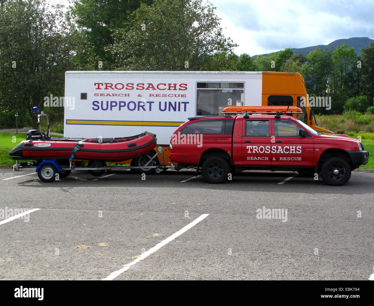 Trossachs Search and Rescue Support Unit, Auto und Boot Stockfoto