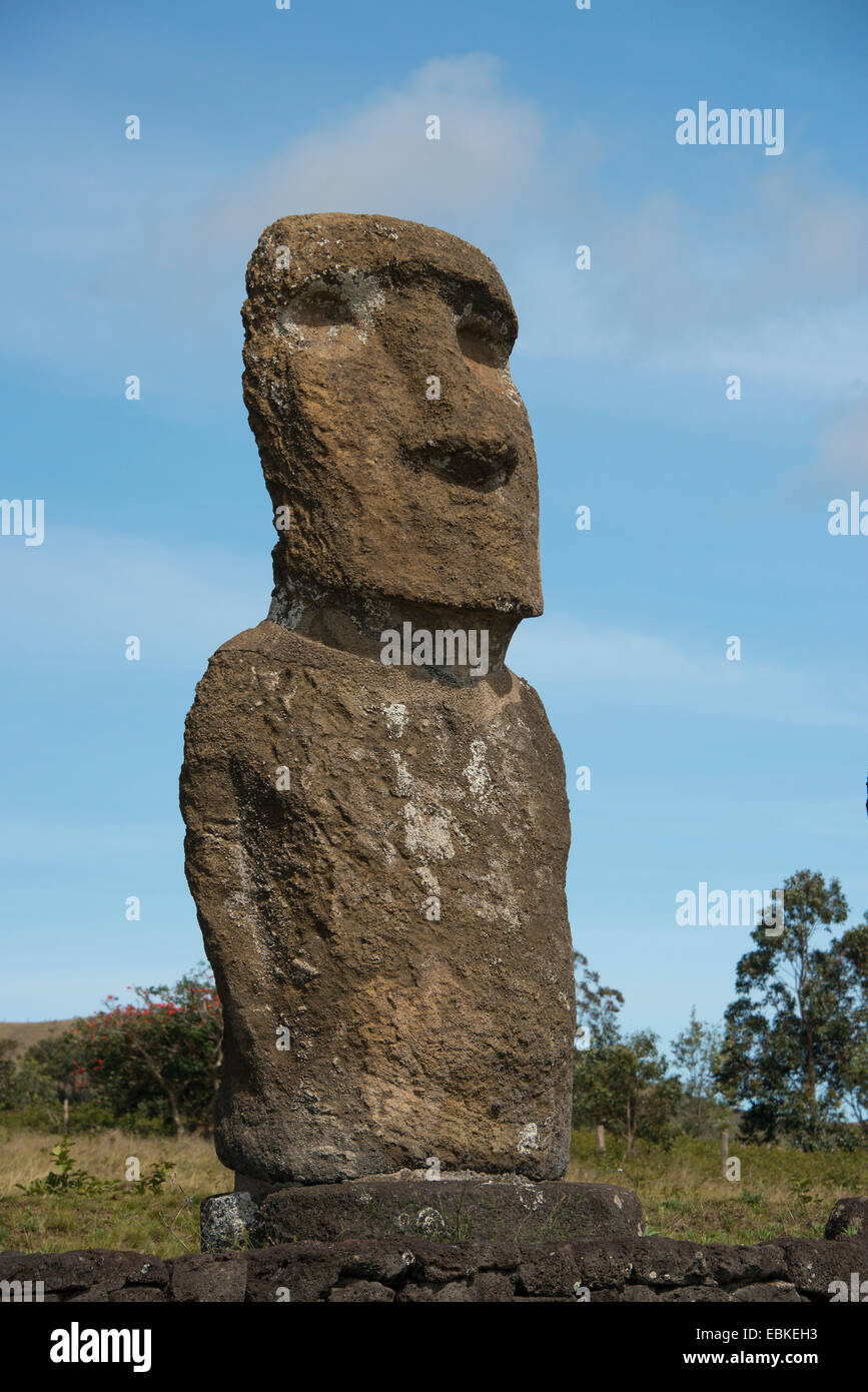 Chile, Osterinsel aka Rapa Nui. Ahu Akivi, zeremonielle Plattform mit sieben restaurierte stehenden Moai Statuen. Stockfoto