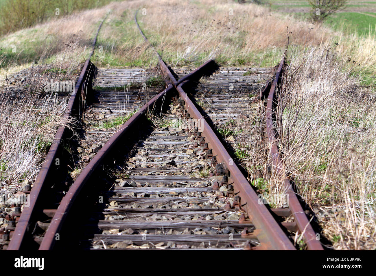 Wahlbeteiligung auf einer stillgelegten Eisenbahnstrecke verfolgen, Deutschland, Mecklenburg-Vorpommern, Pruchten Stockfoto