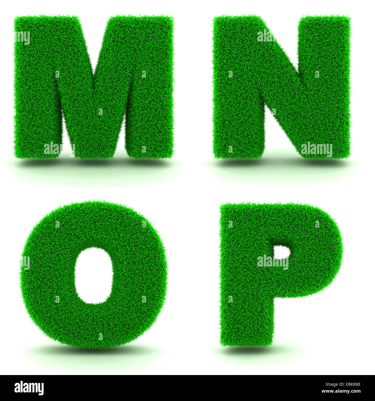 Briefe MNOP - Alphabet Set von grünem Rasen auf weißem Hintergrund in 3d. Stockfoto