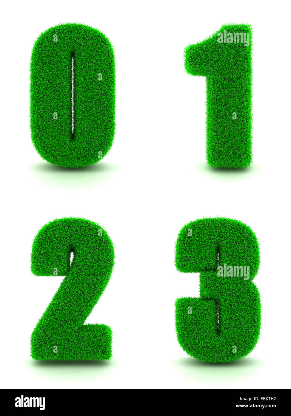 Ziffern 0, 1, 2, 3 - Set von grünem Rasen auf weißem Hintergrund in 3d. Stockfoto