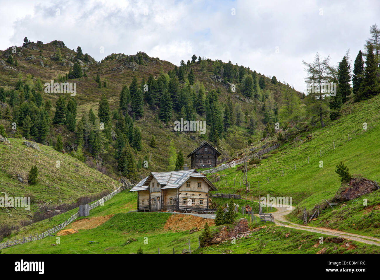 Alp mit traditionellen hölzernen Häuser, Pregatscharte, Simmerleck, Österreich, Kärnten, Nationalpark Nockberge Stockfoto