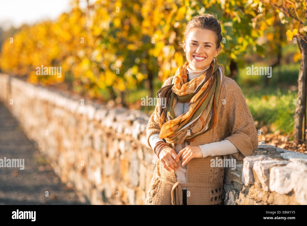 Porträt der lächelnde junge Frau im Herbst park Stockfoto