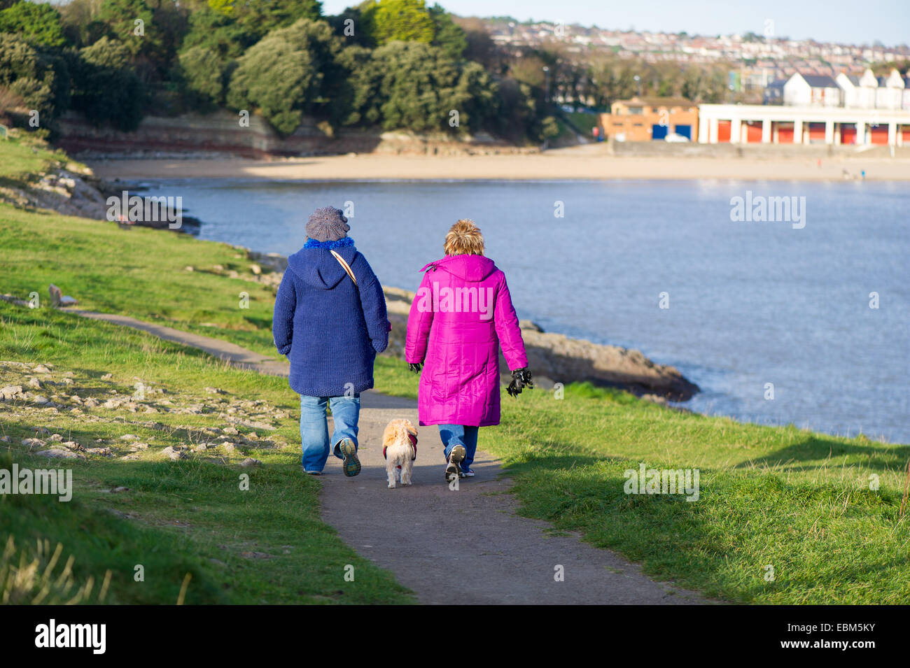Zwei Frauen gehen einen Hund neben Whitmore Bay in Barry Island, Wales. Stockfoto