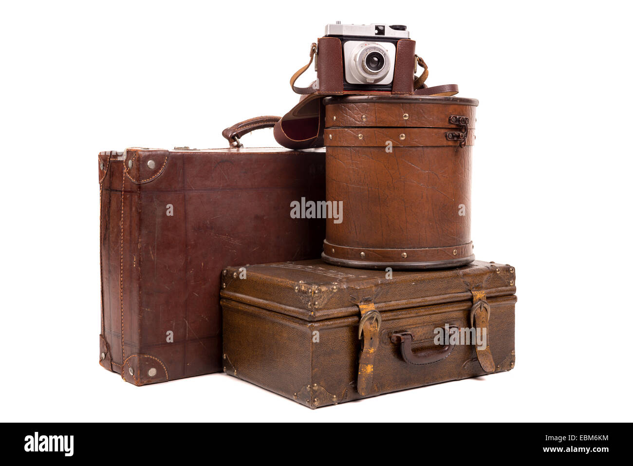 alte Leder Koffer in weißen Hintergrund isoliert Stockfoto