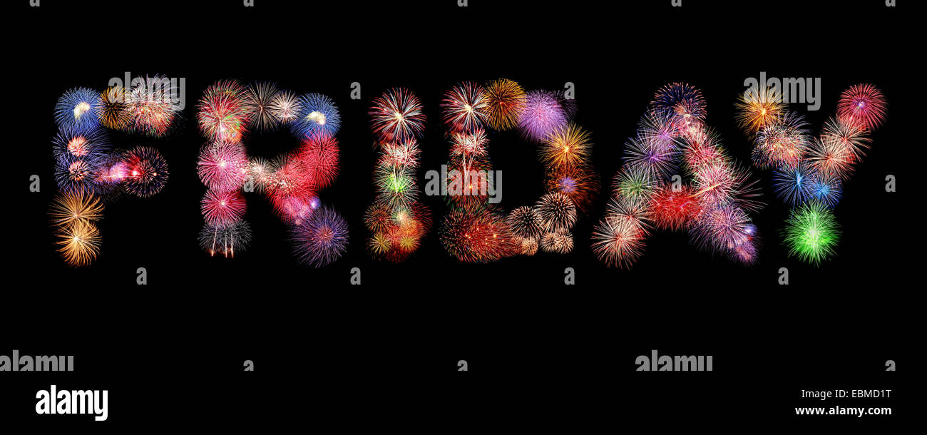 Freitag-Word-buntes Feuerwerk-Text auf schwarzem Hintergrund isoliert Stockfoto