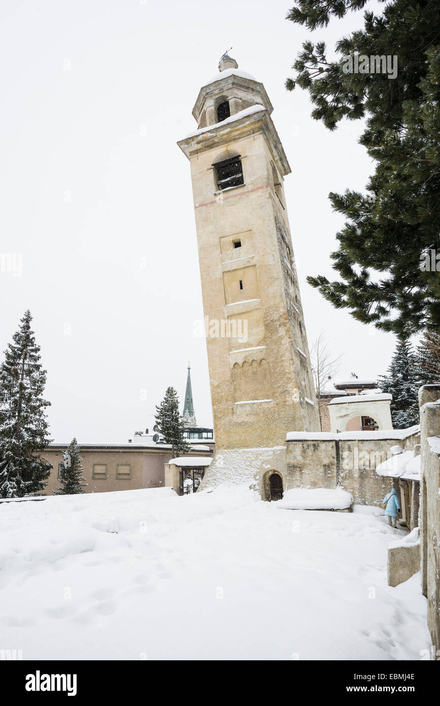 Schiefen Kirchturm, St. Moritz, Engadin, Graubünden, Schweiz Stockfoto
