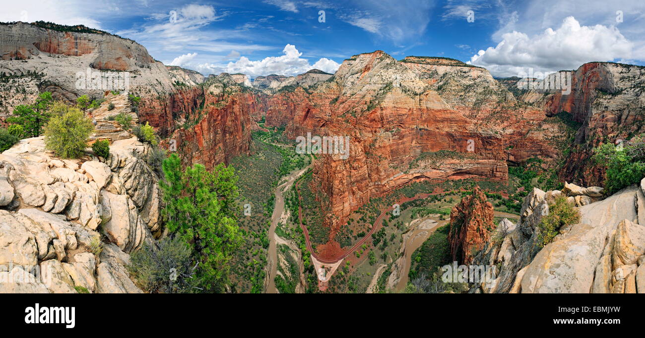 Panoramablick vom Aussichtspunkt Angel Landing in den Zion Canyon, Zion Nationalpark, Utah, Vereinigte Staaten von Amerika Stockfoto