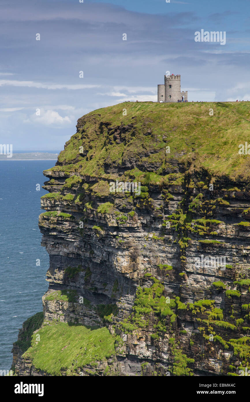 Turm auf einer Klippe, Cliffs of Moher, County Clare, Irland Stockfoto