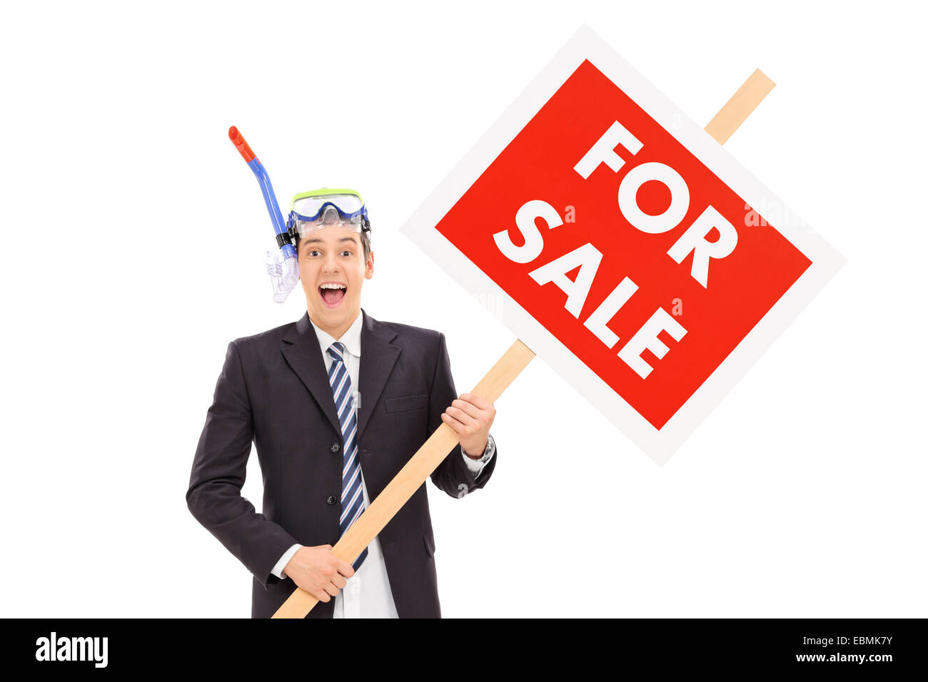Geschäftsmann mit Schnorchel für Verkauf Zeichen isoliert auf weißem Hintergrund Stockfoto