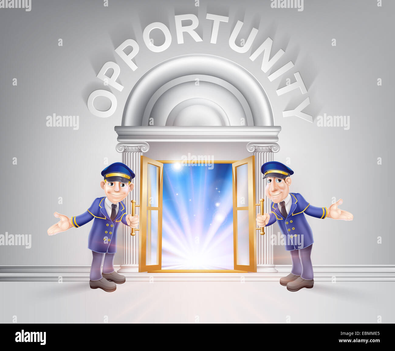Gelegenheit-Konzept von einem Türsteher Holding Tür Gelegenheit mit Licht strömt durch sie. Stockfoto