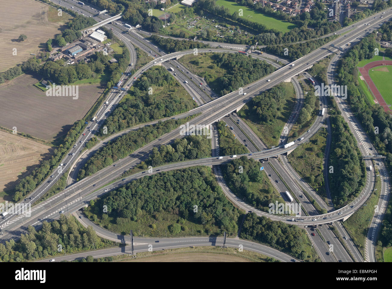 Eine Luftaufnahme von der Eccles Interchange Junction 12 von der M60 in der Nähe von Manchester Stockfoto