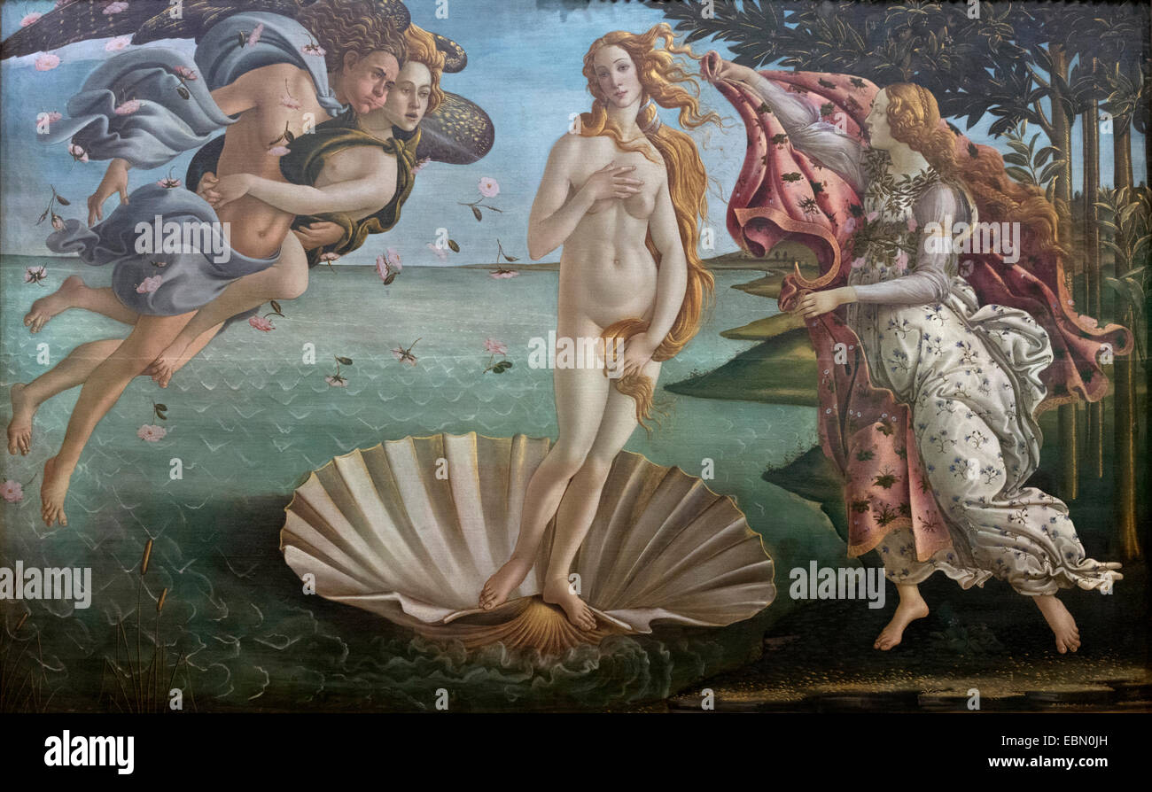 Florenz. Italien. Die Galerie der Uffizien. Geburt von Venus (c. 1484) von Sandro Botticelli. Nascita di Venere. Stockfoto