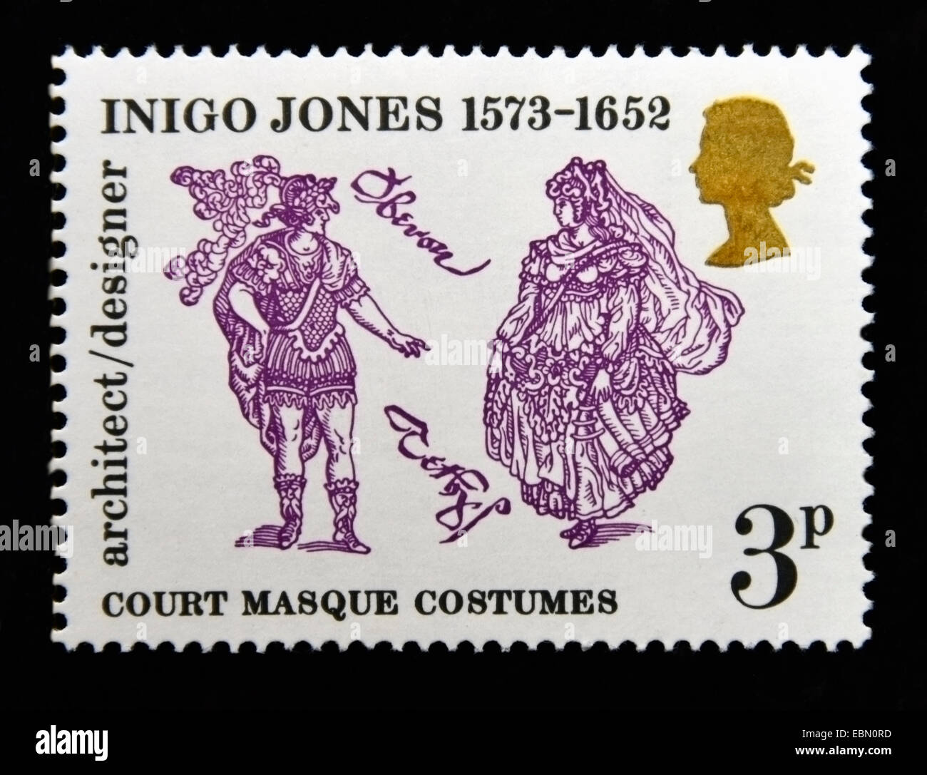 Briefmarke. Great Britain. Königin Elizabeth II. 1973. 400.. Geburtstag von Inigo Jones 1573-1652. 3p. Stockfoto