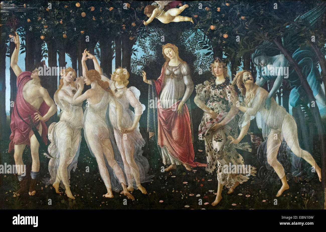 Florenz. Italien. Galerie der Uffizien. Allegorie des Frühlings (1482), Sandro Botticelli. Allegoria della Primavera. Galleria degli Uffizi. Stockfoto