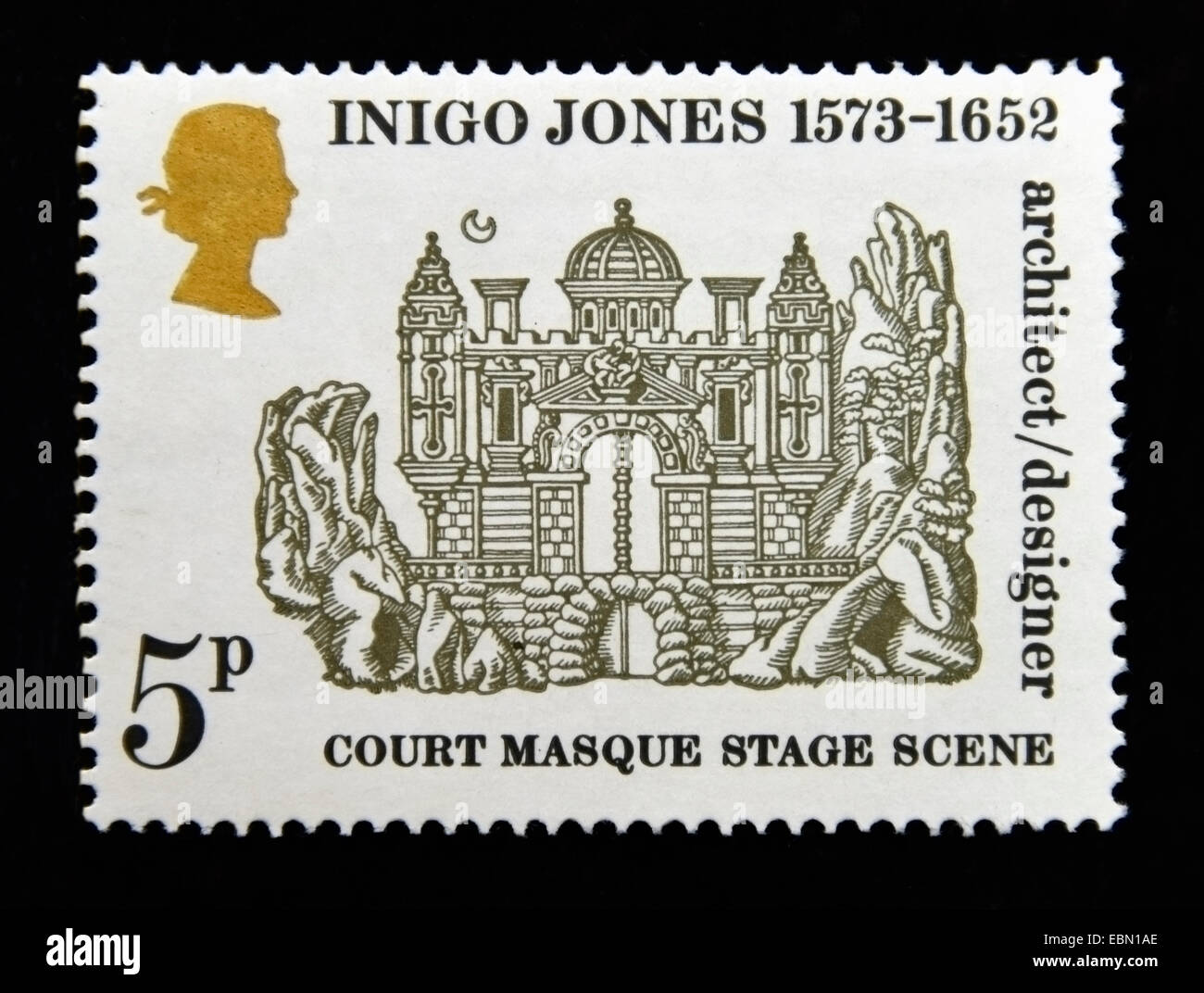Briefmarke. Great Britain. Königin Elizabeth II. 1973. 400.. Geburtstag von Inigo Jones 1573-1652. 5p. Stockfoto