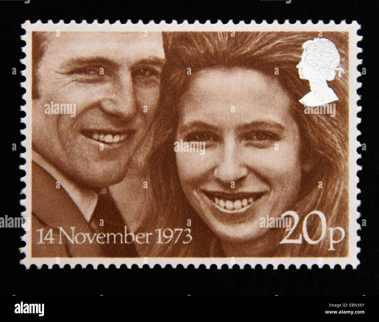 Briefmarke. Great Britain. Königin Elizabeth II. 1973 königliche Hochzeit. 14.. November 1973. 20p. Stockfoto