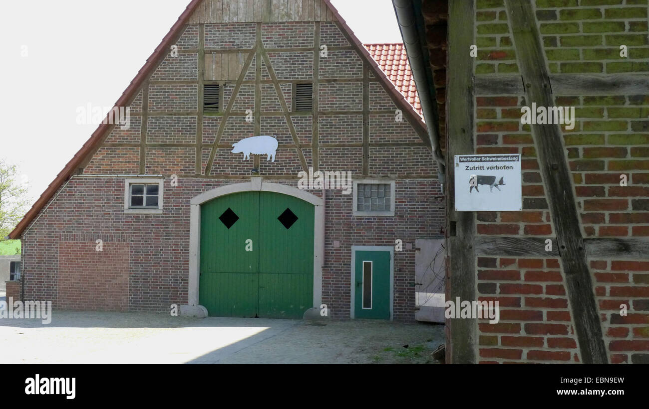Schweinemastanlage mit Zugang verboten Schilder, Deutschland, Nordrhein-Westfalen, Münsterland Stockfoto