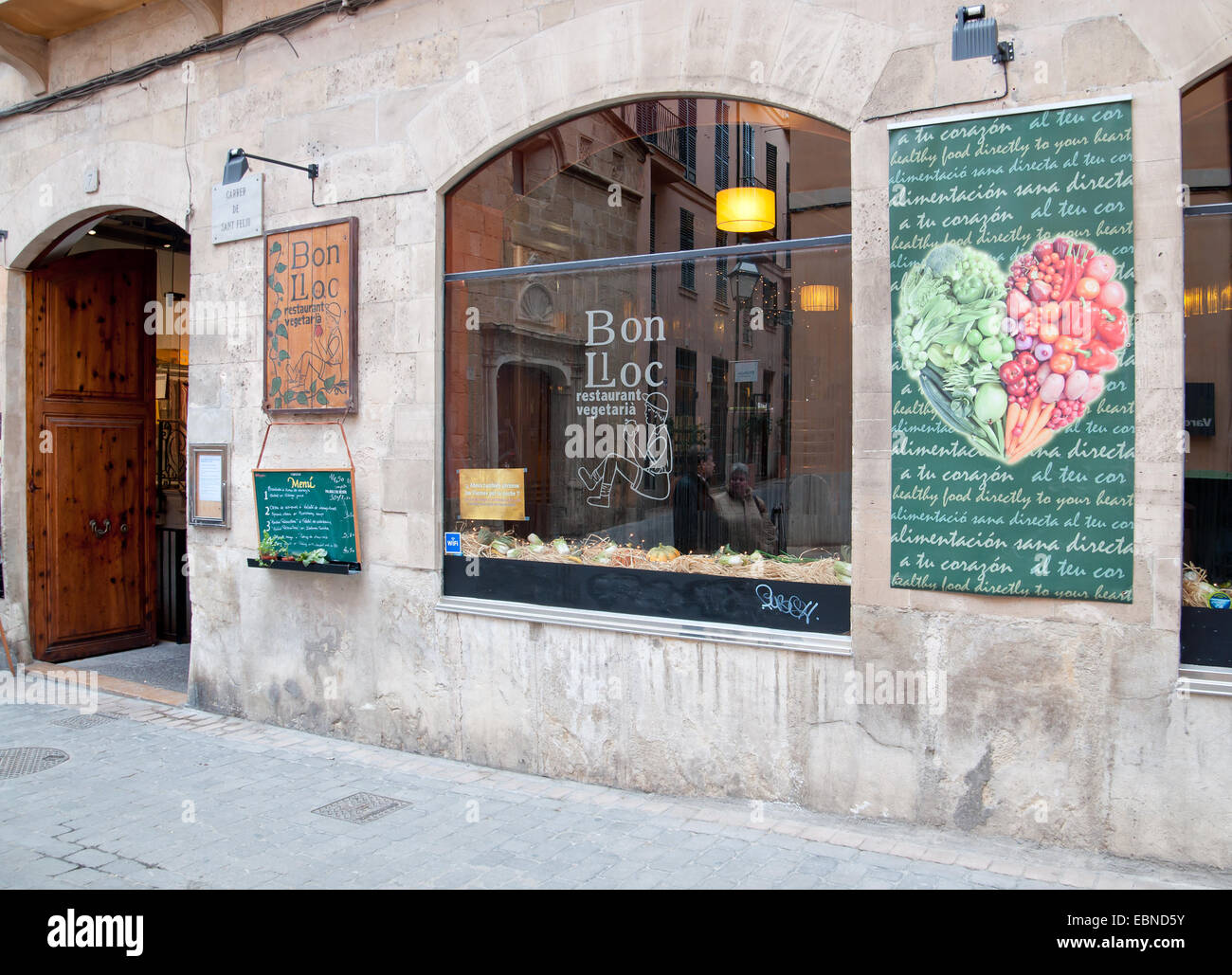Palma De Mallorca, Mallorca, Spanien - 8. Februar 2013: vegetarische Restaurant Bon Lloc in Palma De Mallorca, Mallorca, Spanien - Wahlvorschlag Stockfoto