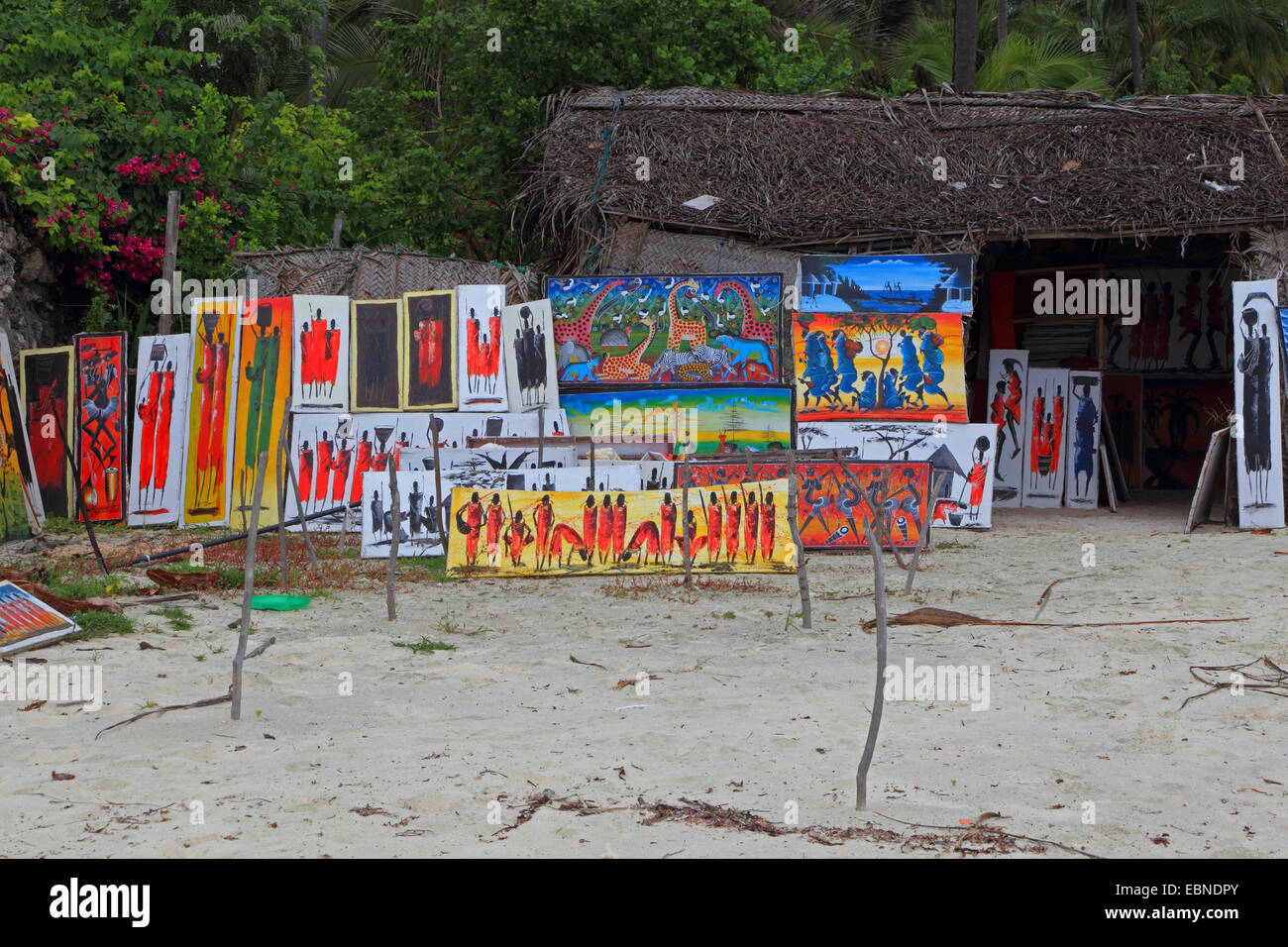 Verkaufsstand am Strand des Indischen Ozeans, Tansania, Sansibar Stockfoto