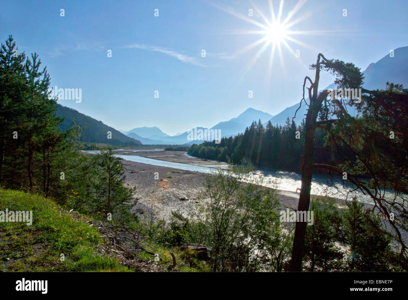 Fluss Blutegel, Ammergauer Alpen im Hintergrund, Österreich, Tirol, Lechtaler Alpen Stockfoto