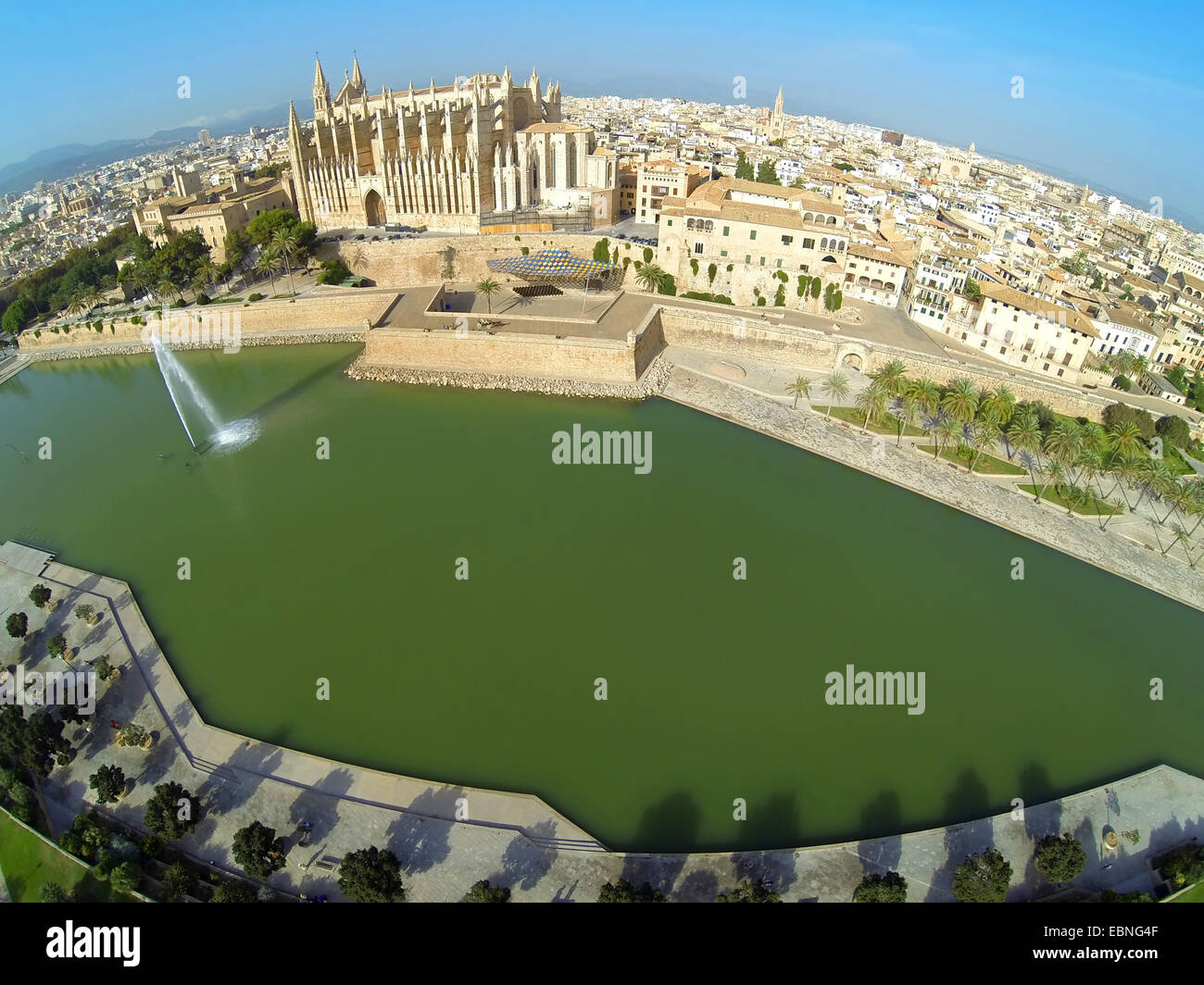 Luftbild vom Parc De La Mar, Kathedrale La Seu, königlichen Palast von La Almudaina und bischöflichen Palast, Spanien, Balearen, Mallorca, Palma De Mallorca Stockfoto