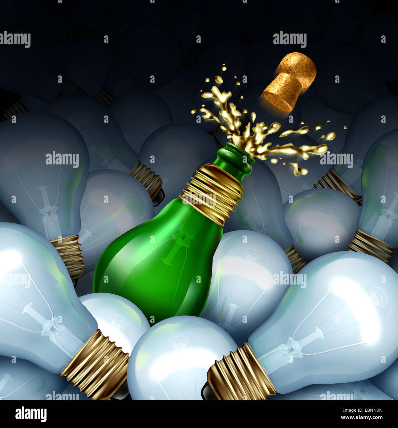 Frohes neues Jahr-Idee-Konzept als eine Gruppe von Glühbirnen und ein grünes Glas Champagner oder Sekt Flasche geformt wie eine Glühbirne mit Splash und fliegenden Korken als Symbol der ursprünglichen kreativen Partei Planung für Silvester Feier. Stockfoto