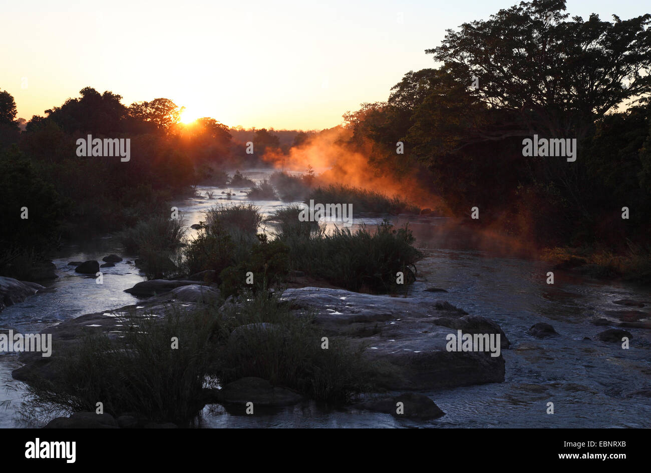 steigender Nebel am Sabie River in der Nähe von Skukuza bei Sonnenaufgang, Südafrika, Kruger National Park Stockfoto