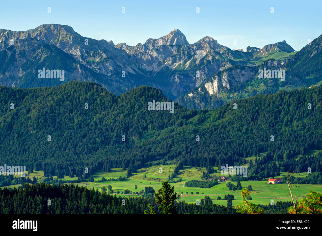 Blick auf die Tannheimer Berge, Deutschland, Bayern, Oberbayern, Oberbayern, Ostalgaeu Stockfoto