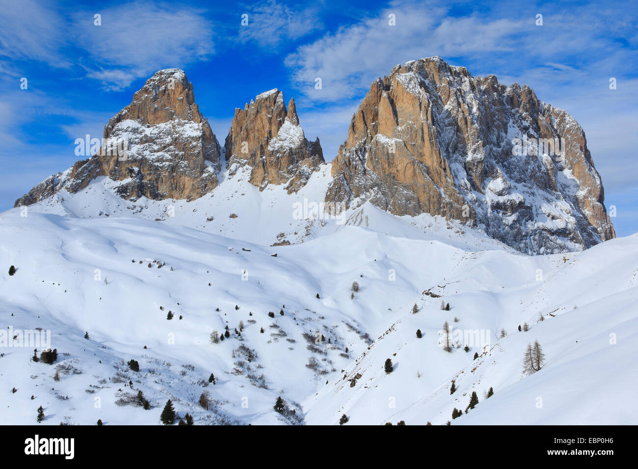 Plattkofels, 2956 m und Langkofel, 3181 m, Italien, Südtirol, Dolomiten Stockfoto