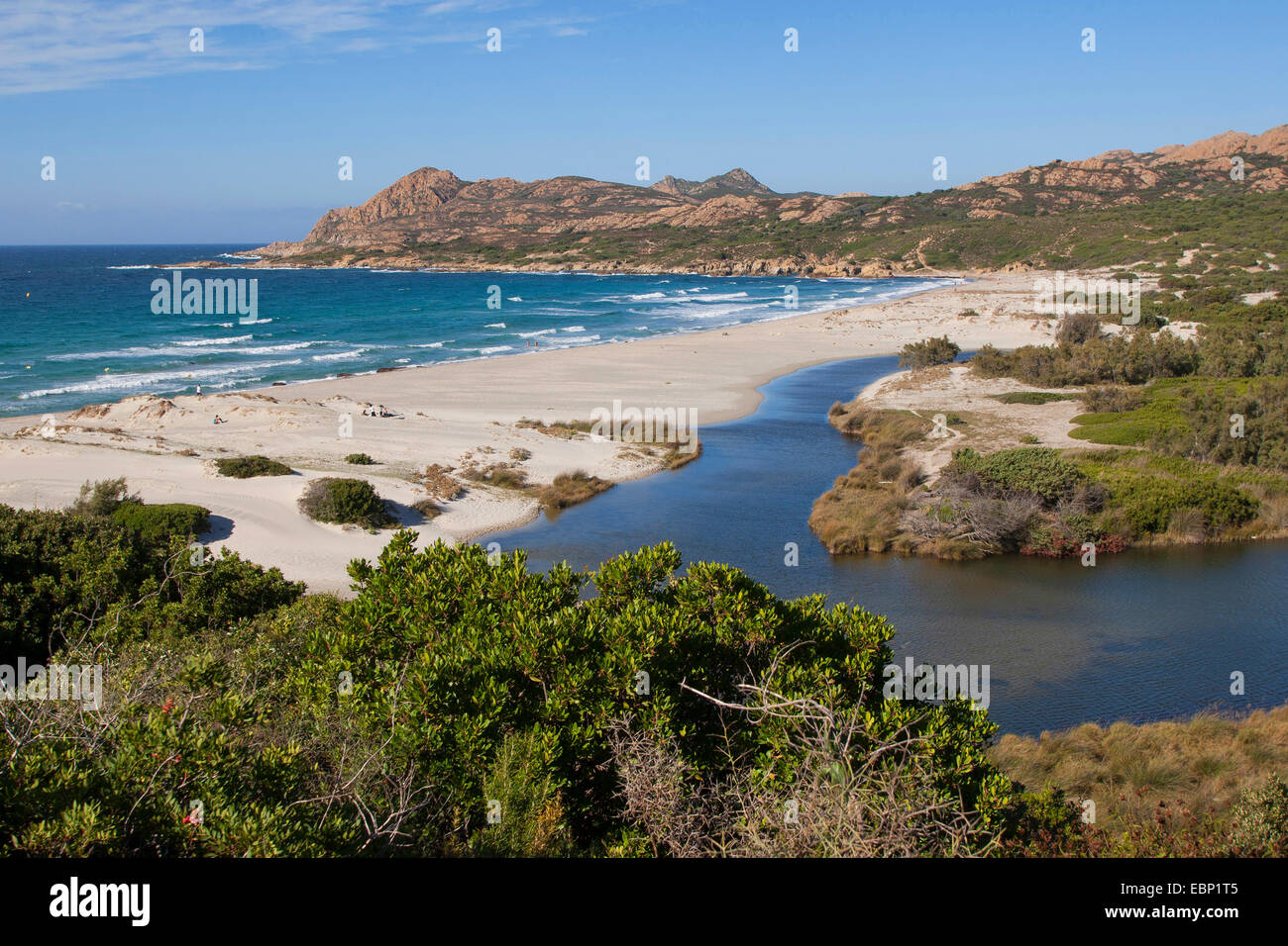 Strand von Ostriconi mit Flussmündung von Ostriconi, Frankreich, Korsika Stockfoto
