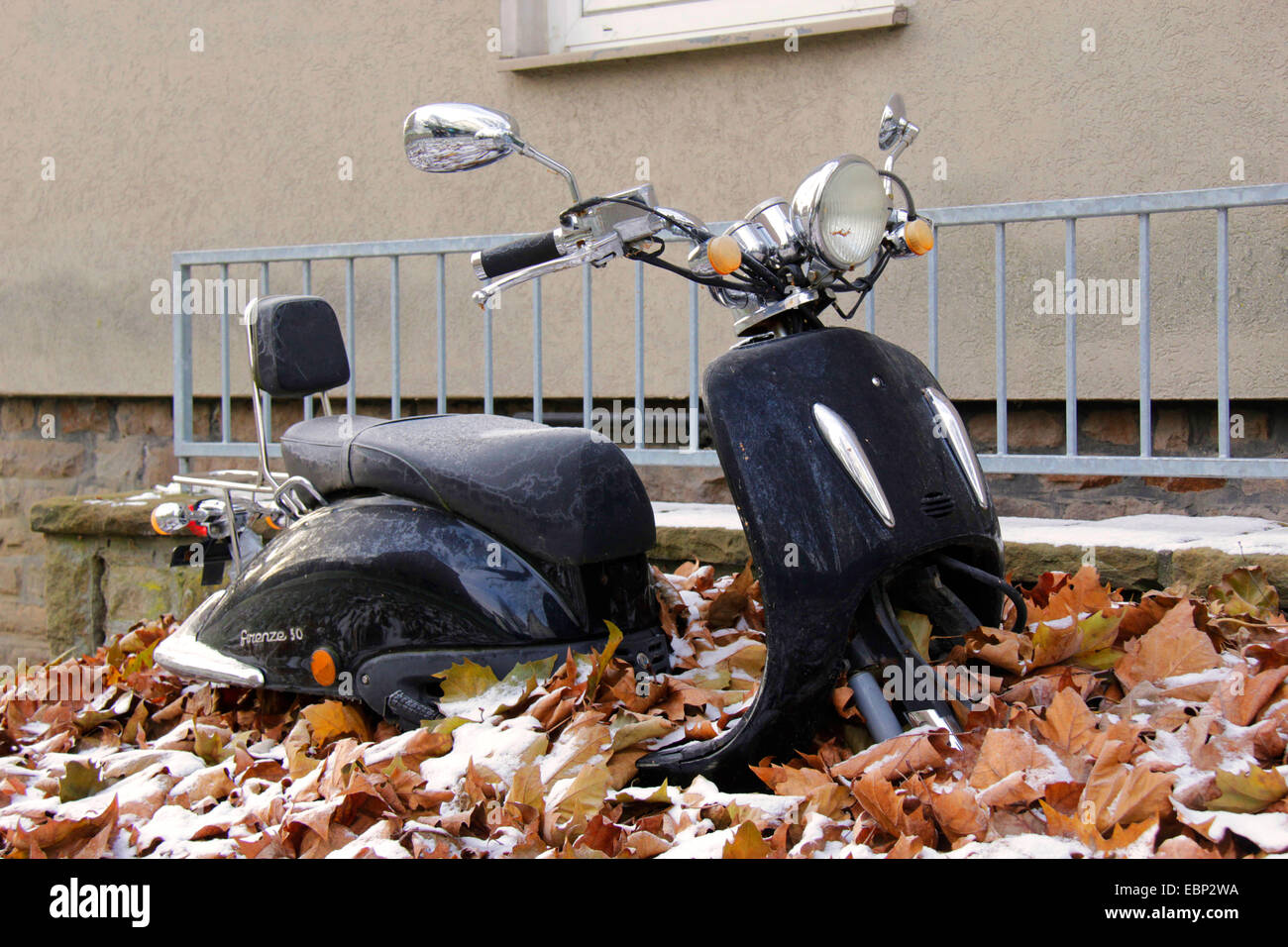 Motorroller im Herbstlaub, Deutschland, Nordrhein-Westfalen Stockfoto
